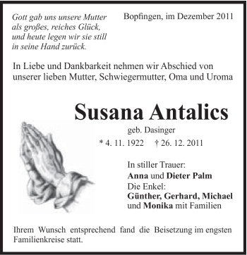 Traueranzeige von Susana Antalics von Schwäbische Post