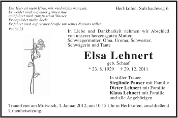 Traueranzeige von Elsa Lehnert von Gmünder Tagespost