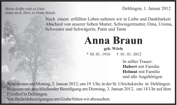 Traueranzeige von Anna Braun von Schwäbische Post