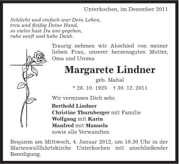 Traueranzeige von Margarete Lindner von Schwäbische Post