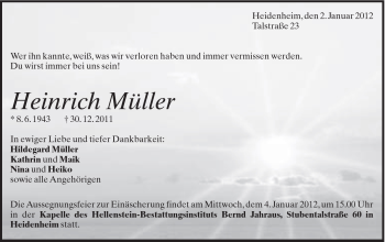 Traueranzeige von Heinrich Müller von Schwäbische Post