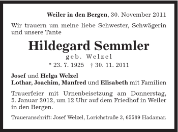 Traueranzeige von Hildegard Semmler von Gmünder Tagespost