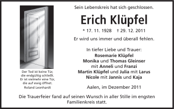 Traueranzeige von Erich Klüpfel von Schwäbische Post