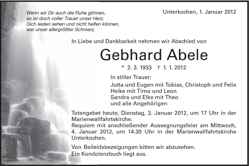  Traueranzeige für Gebhard Abele vom 03.01.2012 aus Schwäbische Post
