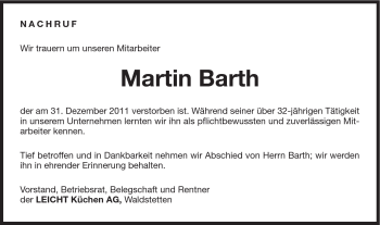 Traueranzeige von Martin Barth von Gmünder Tagespost