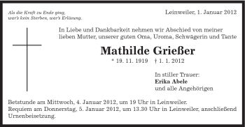 Traueranzeige von Mathilde Griesser von Gmünder Tagespost