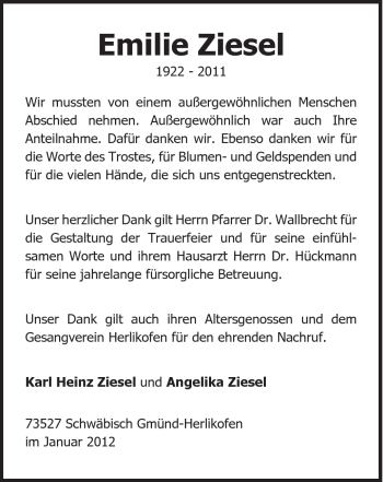 Traueranzeige von Emilie Ziesel von Gmünder Tagespost
