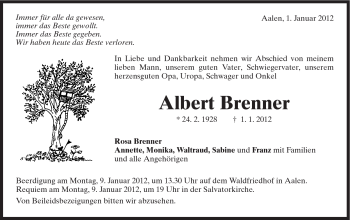 Traueranzeige von Albert Brenner von Schwäbische Post