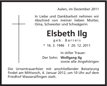 Traueranzeige von Elsbeth Ilg von Schwäbische Post
