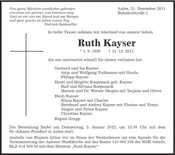 Traueranzeige von Ruth Kayser von Schwäbische Post