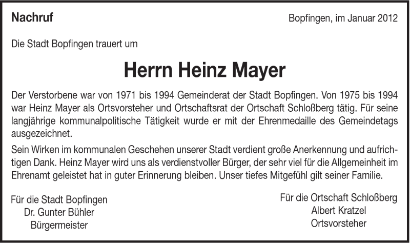  Traueranzeige für Heinz Mayer vom 03.01.2012 aus Schwäbische Post