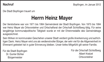 Traueranzeige von Heinz Mayer von Schwäbische Post