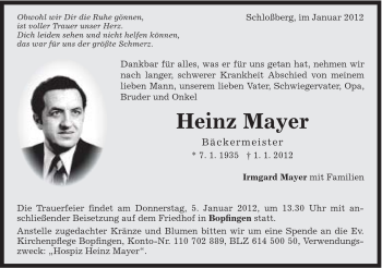 Traueranzeige von Heinz Mayer von Schwäbische Post