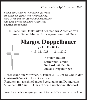 Traueranzeige von Margot Doppelbauer von Schwäbische Post