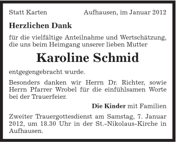 Traueranzeige von Karoline Schmid von Schwäbische Post