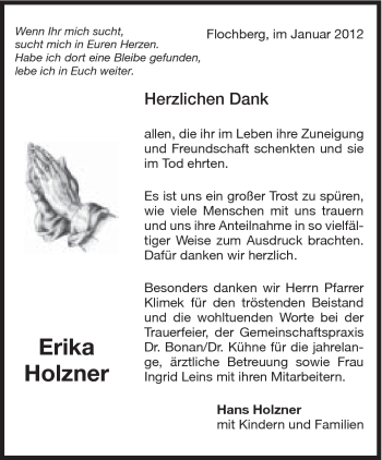 Traueranzeige von Erika Holzner von Schwäbische Post