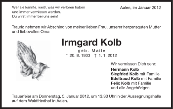 Traueranzeige von Irmgard Kolb von Schwäbische Post