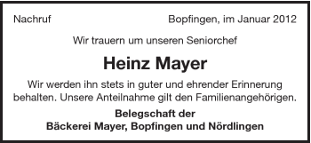Traueranzeige von Heinz Mayer von Schwäbische Post