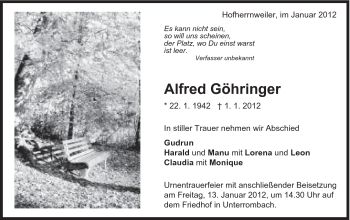 Traueranzeige von Alfred Göhringer von Schwäbische Post