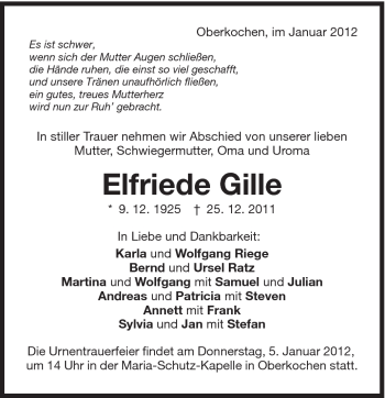 Traueranzeige von Elfriede Gille von Schwäbische Post