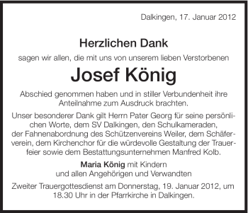 Traueranzeige von Josef König von Schwäbische Post