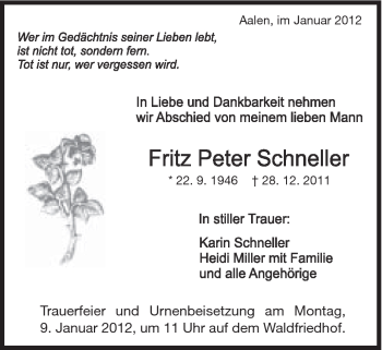 Traueranzeige von Fritz Peter Schneller von Schwäbische Post