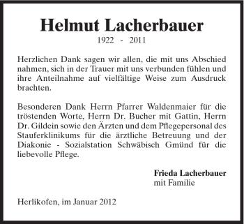 Traueranzeige von Helmut Lacherbauer von Gmünder Tagespost