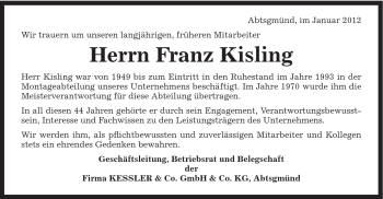 Traueranzeige von Franz Kisling von Schwäbische Post