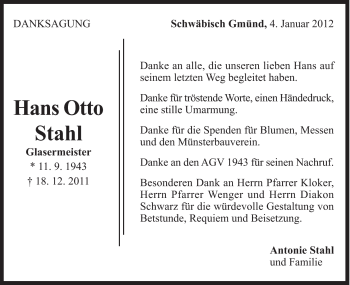 Traueranzeige von Hans Otto Stahl von Gmünder Tagespost