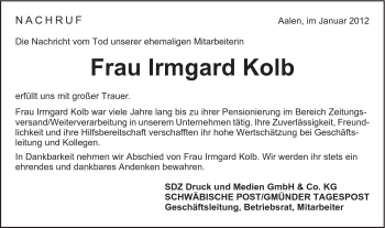 Traueranzeige von Irmgard Kolb von Schwäbische Post