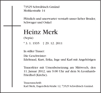 Traueranzeige von Heinz Merk von Gmünder Tagespost