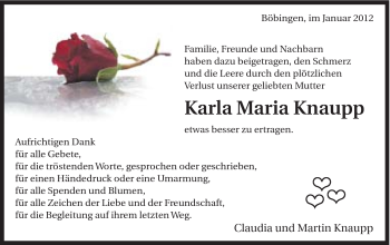 Traueranzeige von Karla Maria Knaupp von Gmünder Tagespost
