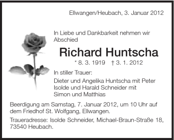 Traueranzeige von Richard Huntscha von Schwäbische Post