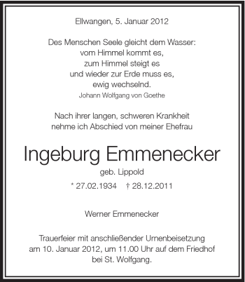 Traueranzeige von Ingeburg Emmenecker von Schwäbische Post