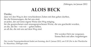 Traueranzeige von Alois Beck von Schwäbische Post