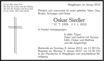 Traueranzeige von Oskar Siedler von Gmünder Tagespost