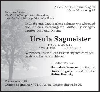 Traueranzeige von Ursula Sagmeister von Schwäbische Post