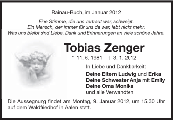 Traueranzeige von Tobias Zenger von Schwäbische Post