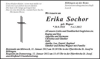 Traueranzeige von Erika Sochor von Gmünder Tagespost