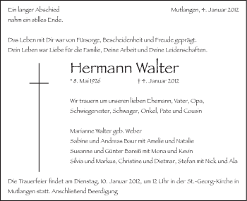 Traueranzeige von Hermann Walter von Gmünder Tagespost