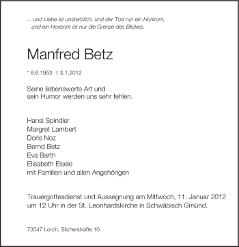 Traueranzeige von Manfred Betz von Gmünder Tagespost