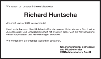 Traueranzeige von Richard Huntscha von Schwäbische Post
