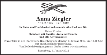 Traueranzeige von Anna Ziegler von Schwäbische Post