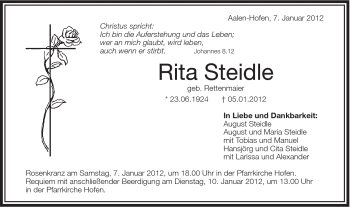 Traueranzeige von Rita Steidle von Schwäbische Post