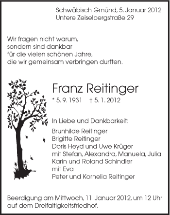 Traueranzeige von Franz Reitinger von Gmünder Tagespost