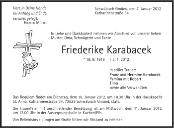 Traueranzeige von Friederike Karabecek von Gmünder Tagespost