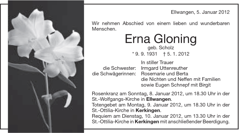  Traueranzeige für Erna Gloning vom 07.01.2012 aus Schwäbische Post
