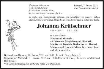 Traueranzeige von Johanna Krätschmer von Gmünder Tagespost