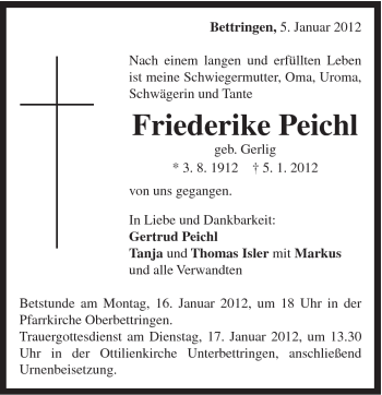 Traueranzeige von Friederike Peichl von Gmünder Tagespost