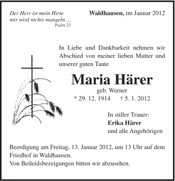 Traueranzeige von Maria Härer von Gmünder Tagespost